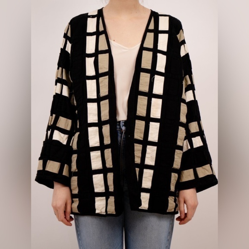 Vintage 90s Yak Magik Patchwork Kimono Jacket Black Taupe Cream - L/XL